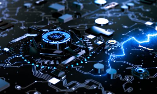 Futuristic style circuit board with illuminated processor sending electric pulses of information along the wires concept 3d render